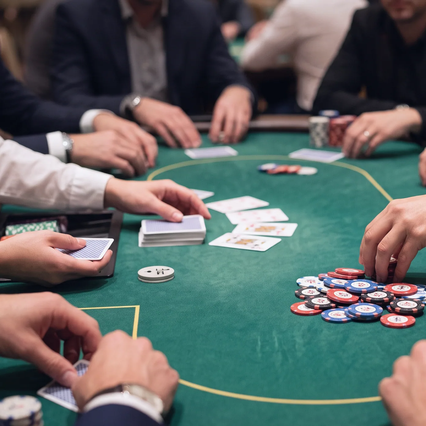 A neat stack of scoring chips with no cash value resting beside a hand of cards